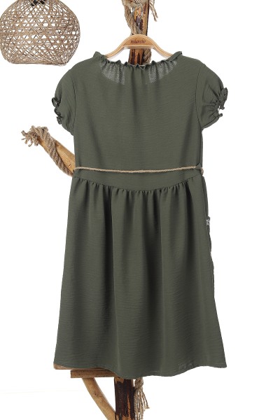 Haki (6-10 Yaş) Cep Şeritli Boyun Kol Lastikli Bel Bağlamalı Kız Çocuk Elbise 165436