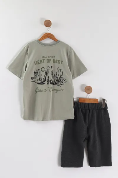 Haki (6-14 Yaş) Wild West Baskılı Alt Çimalı Şortlu Erkek Çocuk Yazlık Takım 456443