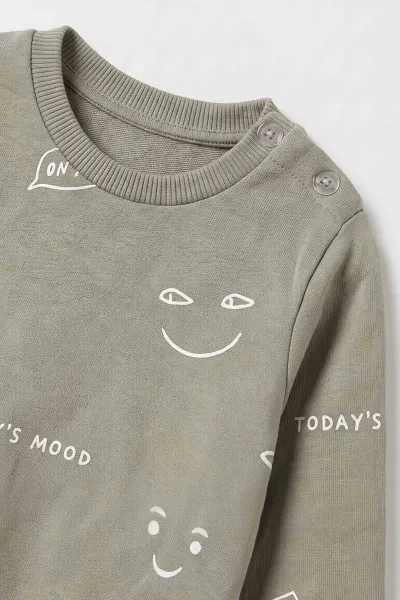 Haki (6-18 Ay)Gülen Yüz Baskılı Omuz Düğmeli Erkek Bebek Takım 478031