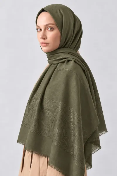 Haki 70x180 Cm Elara Premium Jakarlı Pamuk Şal 494276