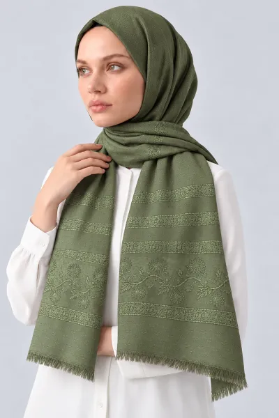 Haki 70x180 Cm Floral Premium Jakarlı Pamuk Şal 494057