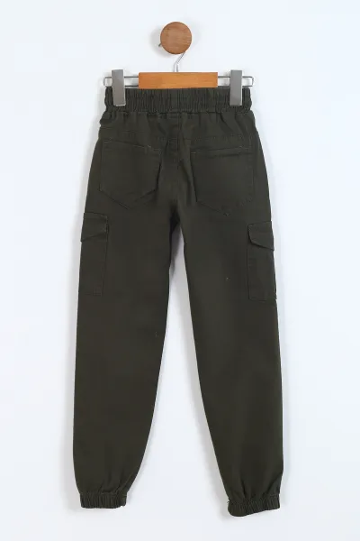 Haki (8-12 Yaş ) Kargo Cepli Paça Lastikli Erkek Çocuk Keten Pantolon 328571