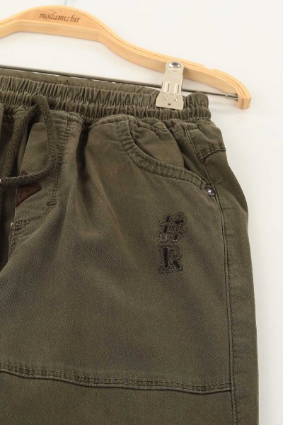 Haki (9-12 Yaş) R Nakışlı Paça Düğmeli Erkek Çocuk Pantolon 145741