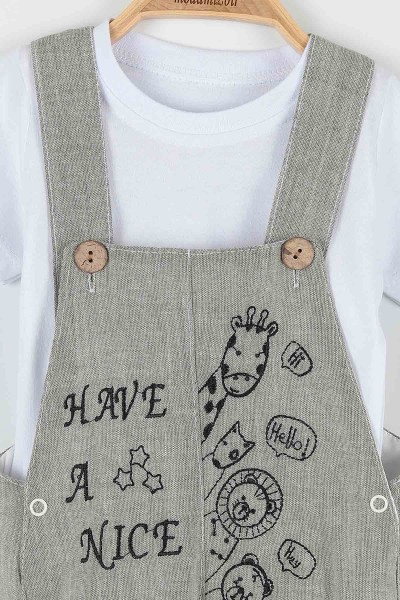 Haki (9-24 Ay) Hayvan Nakışlı Düğmeli  Erkek  Bebe Takım 169453