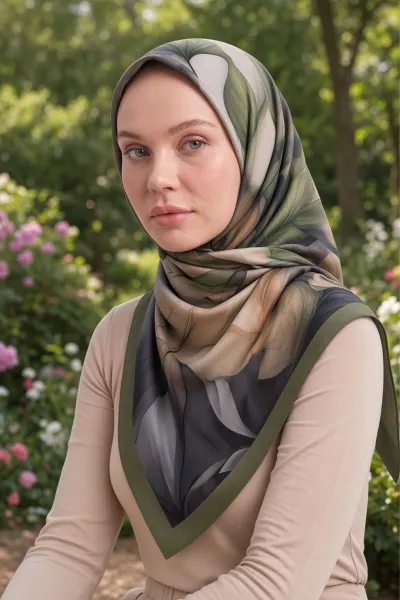 Haki 90x90 Cm Dijital Baskılı Botanica Desen Soft Eşarp 498467