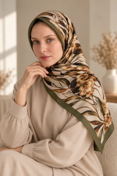 Haki 90x90 Cm Dijital Baskılı Edenia Desen Soft Eşarp 498552