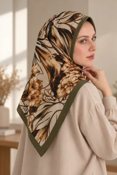 Haki 90x90 Cm Dijital Baskılı Edenia Desen Soft Eşarp 498552