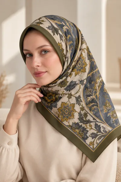 Haki 90x90 Cm Dijital Baskılı Heritage Desen Soft Eşarp 498572