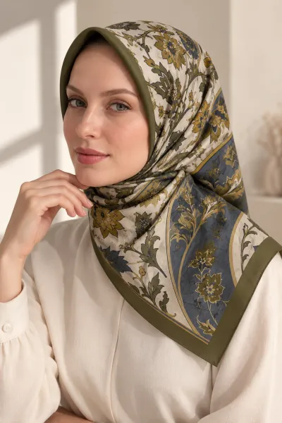 Haki 90x90 Cm Dijital Baskılı Heritage Desen Soft Eşarp 498572