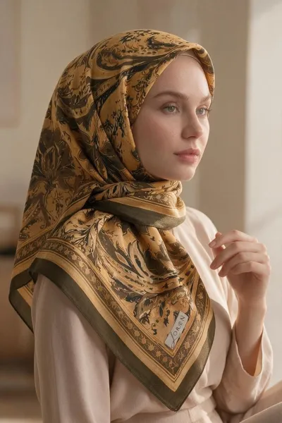 Haki 90x90 Cm Dijital Baskılı Persiana Desen Soft Eşarp 498448