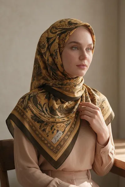 Haki 90x90 Cm Dijital Baskılı Persiana Desen Soft Eşarp 498448