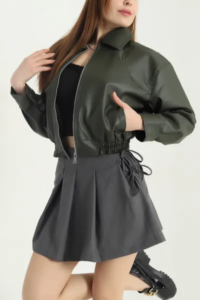 Haki Astarlı Beli Lastikli Deri Kadın Mont 347661