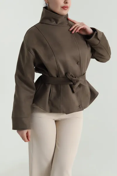 Haki Astarlı Cepli Süet Kadın Mont 498301