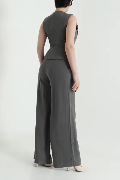Haki Astarlı Kolsuz İthal Gabardin Kadın Tulum Elbise 454301