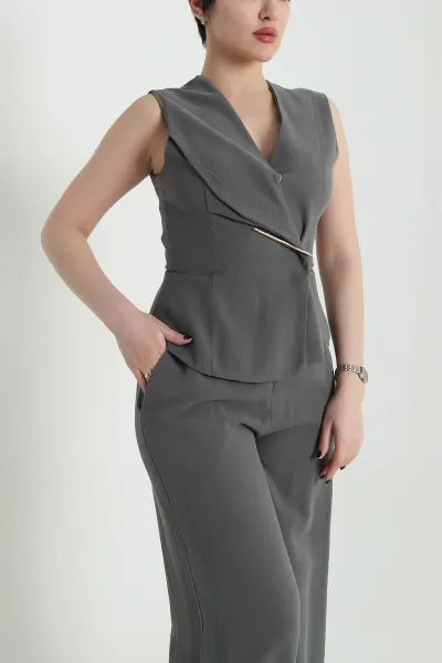 Haki Astarlı Kolsuz İthal Gabardin Kadın Tulum Elbise 454301