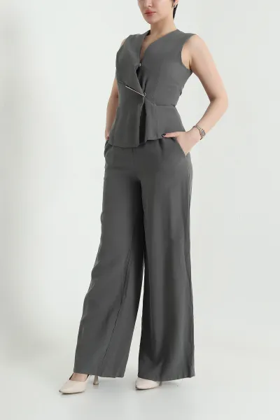 Haki Astarlı Kolsuz İthal Gabardin Kadın Tulum Elbise 454301