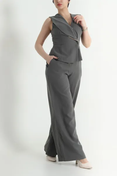 Haki Astarlı Kolsuz İthal Gabardin Kadın Tulum Elbise 454301
