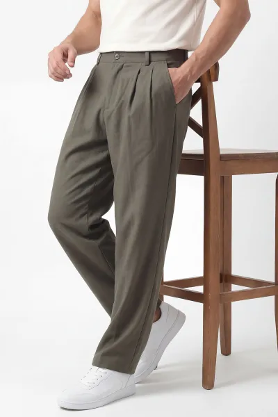 Haki Baggy Çift Pile Detaylı Bel Arkası Lastikli Erkek Kumaş Pantolon 449746