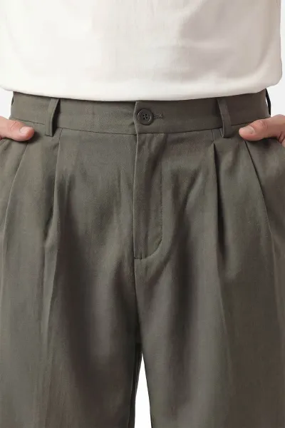 Haki Baggy Çift Pile Detaylı Bel Arkası Lastikli Erkek Kumaş Pantolon 449746
