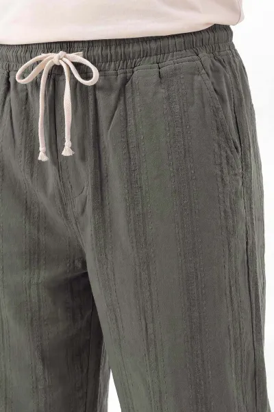 Haki Baggy Ham Keten Belden Bağlamalı Erkek Pantolon 459577