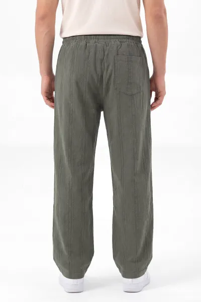 Haki Baggy Ham Keten Belden Bağlamalı Erkek Pantolon 459577
