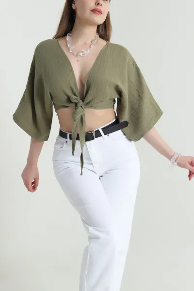 Haki Bağlamalı Müslin Keten Kadın Kimono Bluz 464820