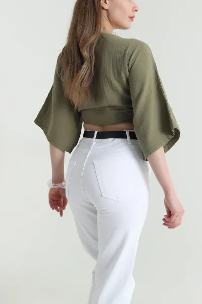 Haki Bağlamalı Müslin Keten Kadın Kimono Bluz 464820