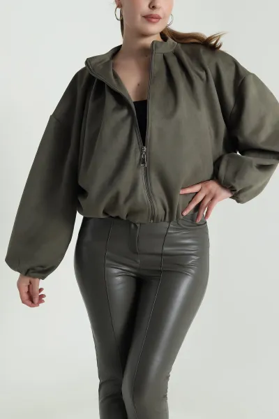 Haki Balon Bomber Kadın Süet Mont 484000