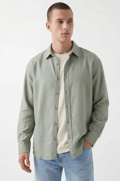 Haki Bambu Keten Oversize Erkek Gömlek 449837
