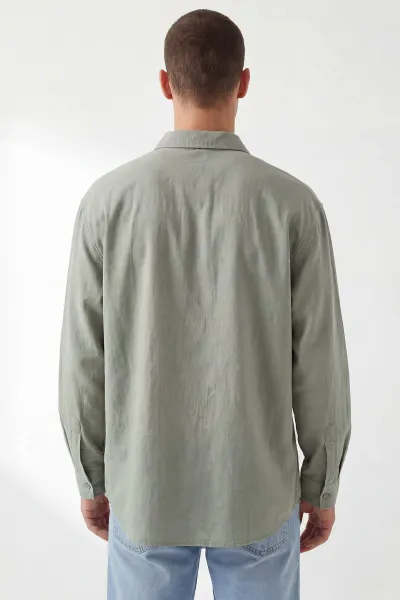Haki Bambu Keten Oversize Erkek Gömlek 449837