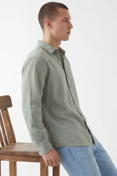 Haki Bambu Keten Oversize Erkek Gömlek 449837