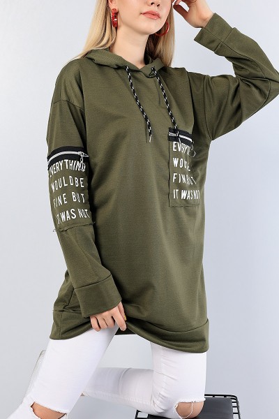 Haki Baskılı Kapüşonlu Sweat Tunik 76498
