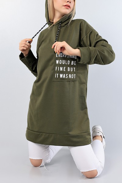 Haki Baskılı Kapüşonlu Sweat Tunik 76498