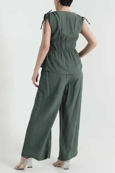 Haki Bel Lastik Detay Çilek Kumaş Kadın İkili Takım 454774
