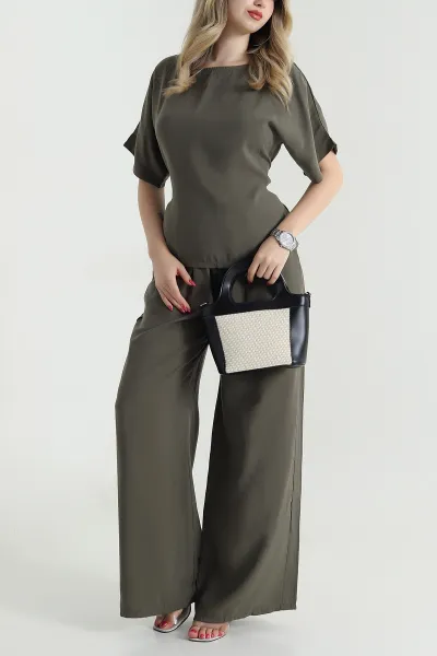 Haki Bel Lastikli Bagcıklı Tencel Kadın İkili Takım 475635