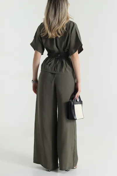 Haki Bel Lastikli Bagcıklı Tencel Kadın İkili Takım 475635