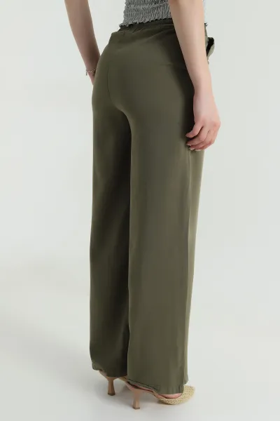 Haki Bel Lastikli Bol Paça Tencel Kadın Pantolon 479897