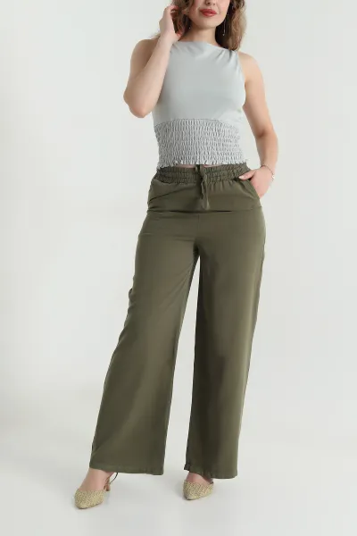 Haki Bel Lastikli Bol Paça Tencel Kadın Pantolon 479897