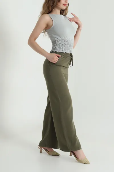 Haki Bel Lastikli Bol Paça Tencel Kadın Pantolon 479897