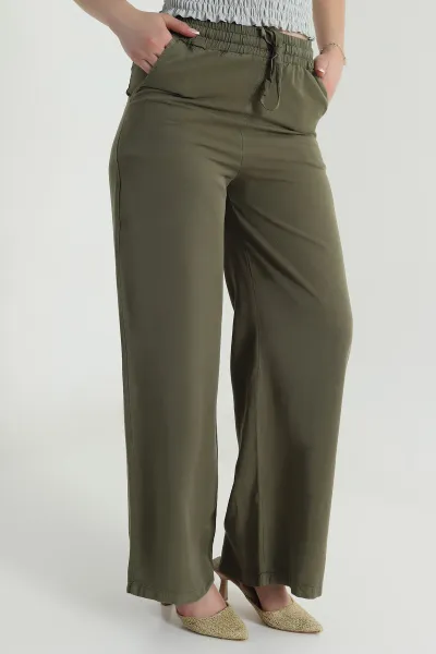 Haki Bel Lastikli Bol Paça Tencel Kadın Pantolon 479897