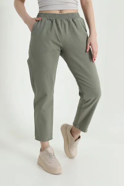 Haki Bel Lastikli Cep Detay Gabardin Kadın Pantolon 440777