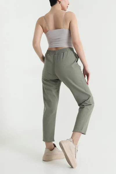 Haki Bel Lastikli Cep Detay Gabardin Kadın Pantolon 440777