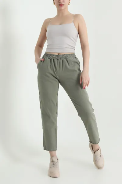 Haki Bel Lastikli Cep Detay Gabardin Kadın Pantolon 440777