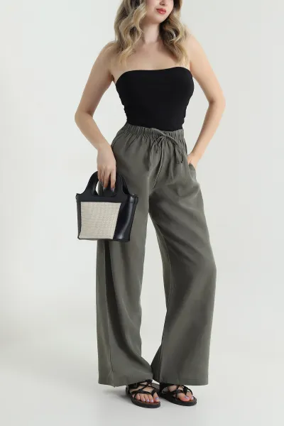 Haki Bel Lastikli Cepli Tencel Kadın Pantolon 474854