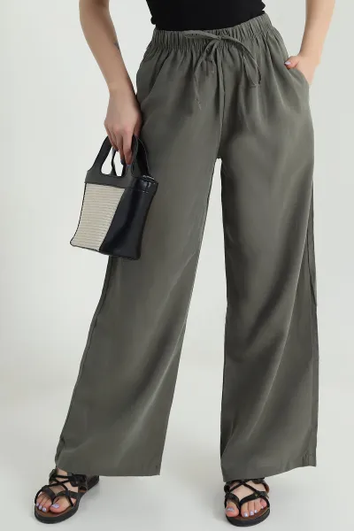 Haki Bel Lastikli Cepli Tencel Kadın Pantolon 474854