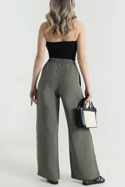 Haki Bel Lastikli Cepli Tencel Kadın Pantolon 474854
