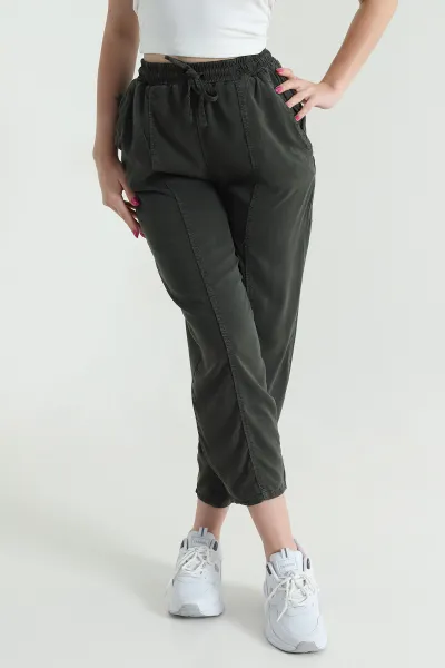 Haki Bel Lastikli Cepli Tencel Kadın Şalvar Pantolon 463349
