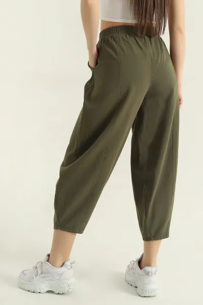 Haki Bel Lastikli Gabardin Şalvar Kadın Pantolon 357403