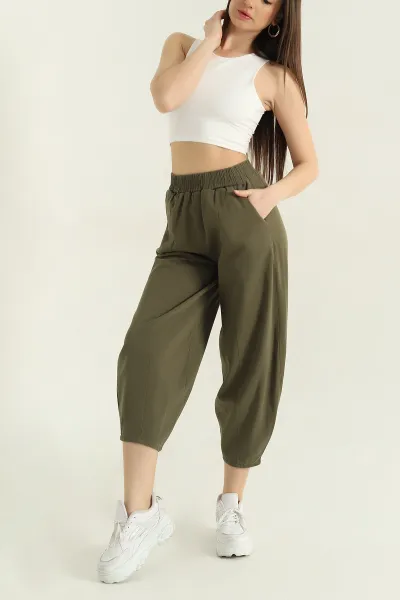 Haki Bel Lastikli Gabardin Şalvar Kadın Pantolon 357403