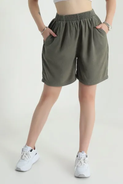 Haki Bel Lastikli Tencel Gabardin Kadın Şort 478748